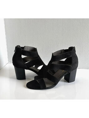 David Tate Francis Sandals Women's 7.5 Black Nubuck Strap Comfort Heels Back Zip